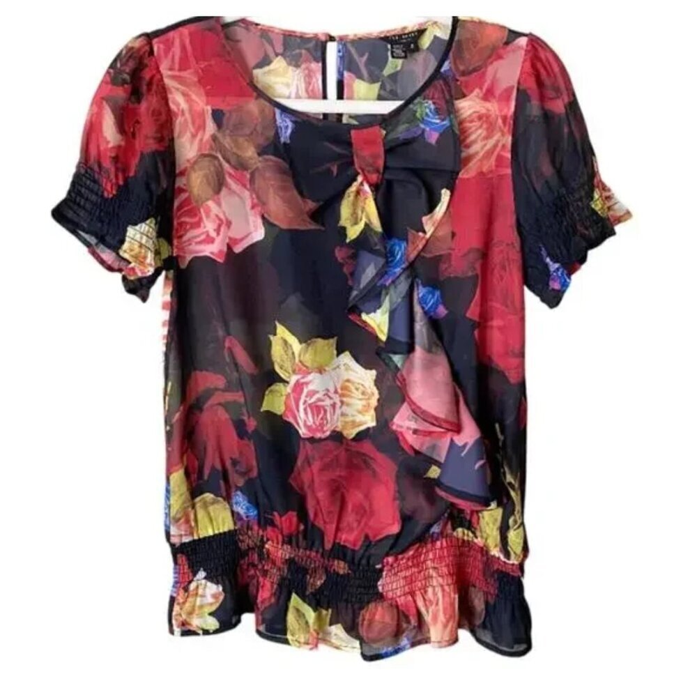 Ted Baker London Janni Black Floral Print Bow Ruffle Chiffon Top 26533
